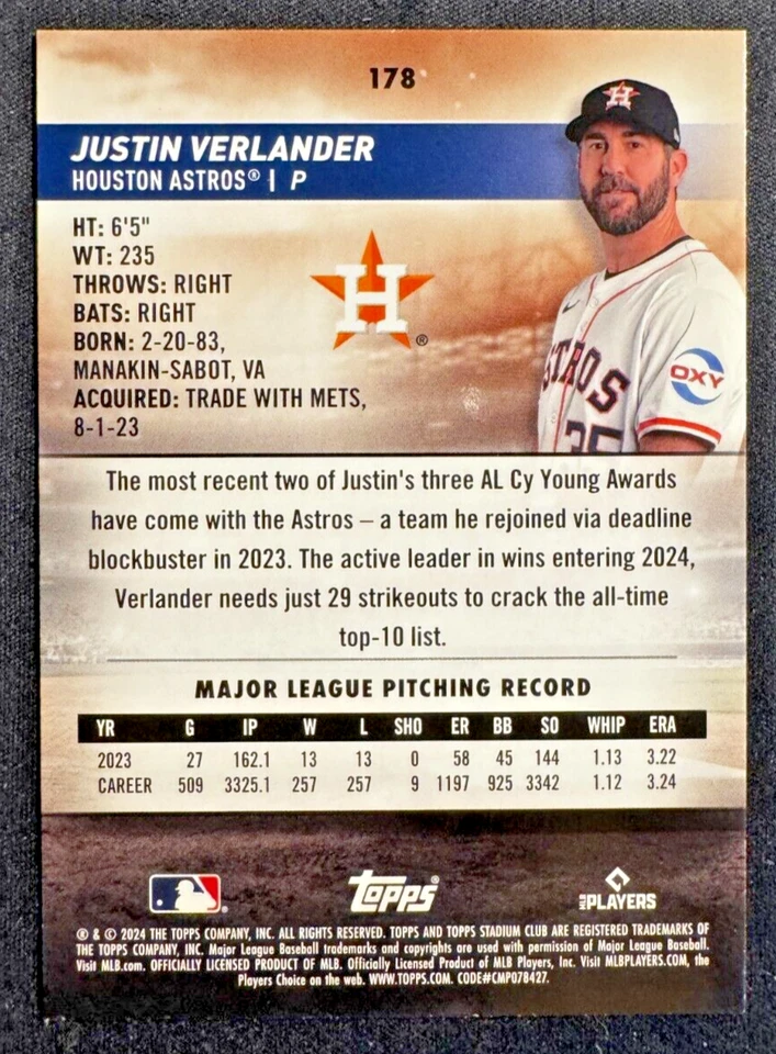2024 Topps Stadium Club #178 Pink Foil Justin Verlander Houston Astros MLB - Image 2 of 2