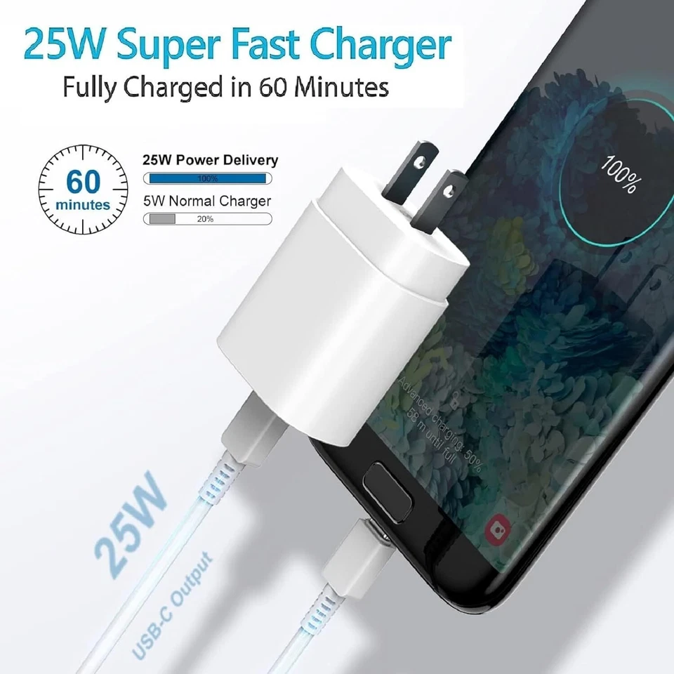 25w Type USB-C Fast Wall Charger+6FT Cable For Galaxy S24 S23 S20 S21 5G lot US - Image 4 of 4