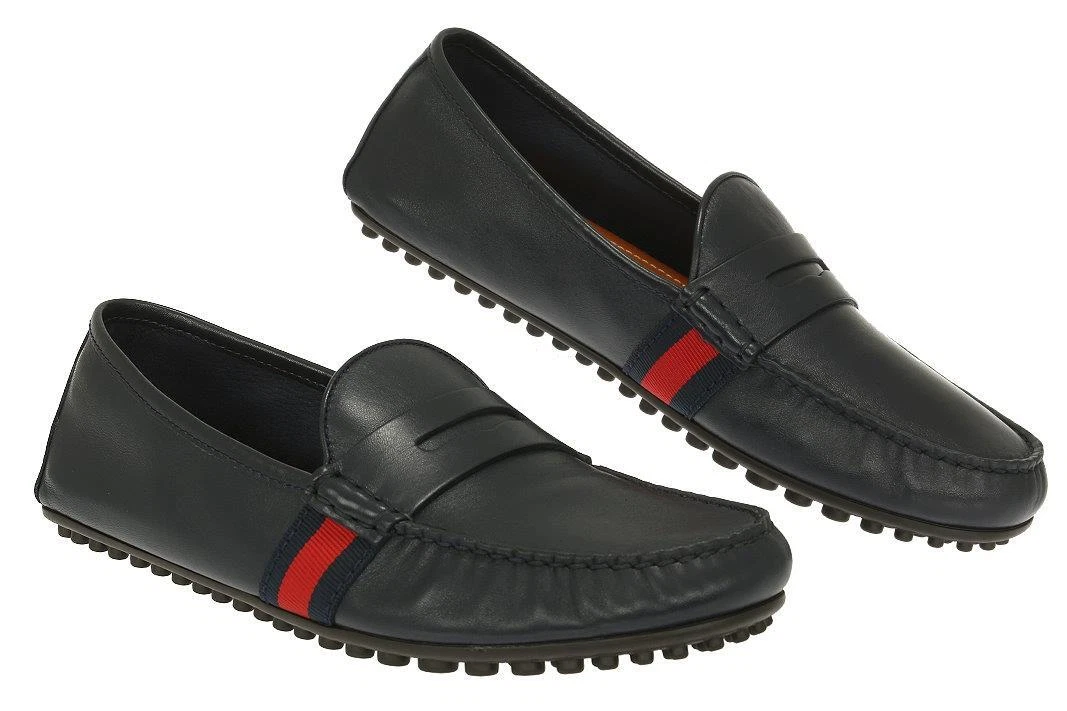 CHAUSSURES DE CONDUCTEUR MOCASSINS NEUFS GUCCI BLEU MARINE CUIR SOUPLE DÉTAIL TOILE 13,5/US 14