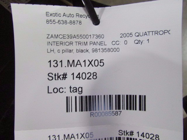 Maserati Quattroporte, LH, Left C-Pillar Trim Panel, Black, Used, P/N 981358000