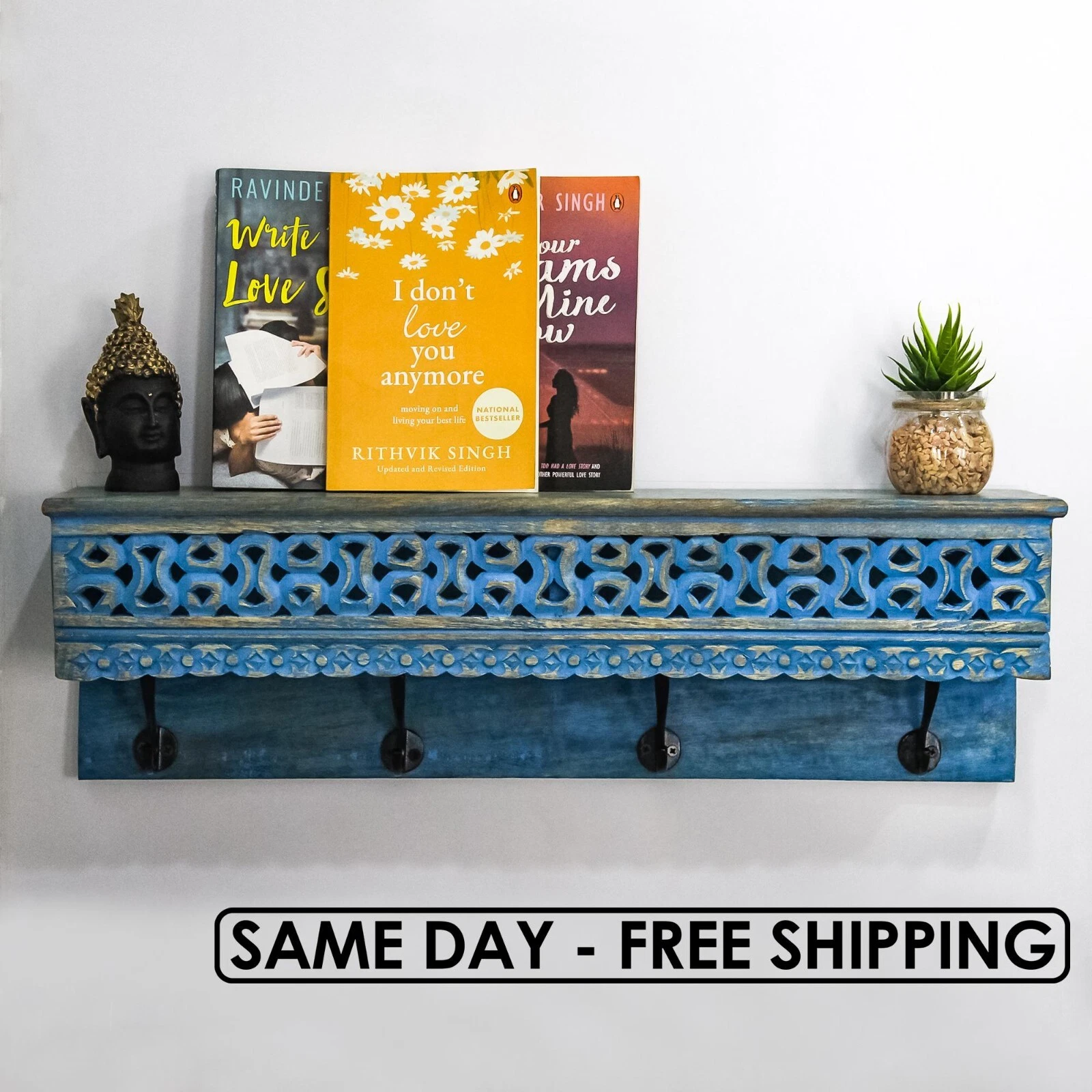 Handcrafted Wooden Wall Shelf – Vintage Blue, Strong & Durable with Hooks