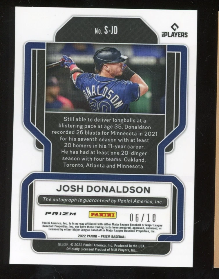 Josh Donaldson 2022 Panini Prizm Auto Gold Serial #d 6/10 Minnesota Twins - Image 2 of 2