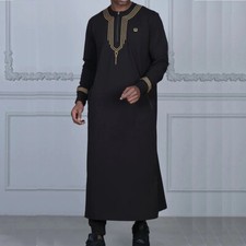 Muslim Islamic Men Black Dress Loose Casual Jubba Thobe Arab Kaftan Robe S-2XL