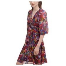 Calvin Klein Dress 2 Fit Flare Red Chiffon Floral Romantic Boho Balloon Sleeve