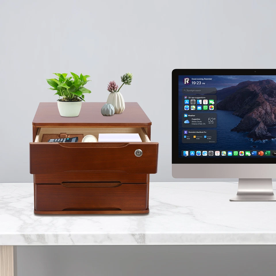 3-Tier File Cabinet Organizer Walnut Desktop Storage Box with Lockable Drawers - Image 4 of 4