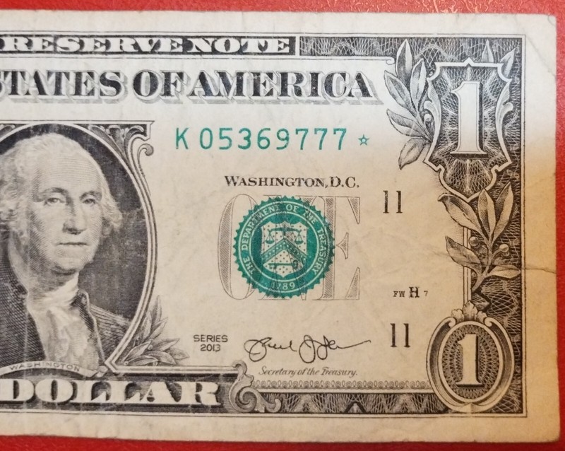 Misaligned $1 One Dollar Star Note Serial Number K05369777* Series 2013