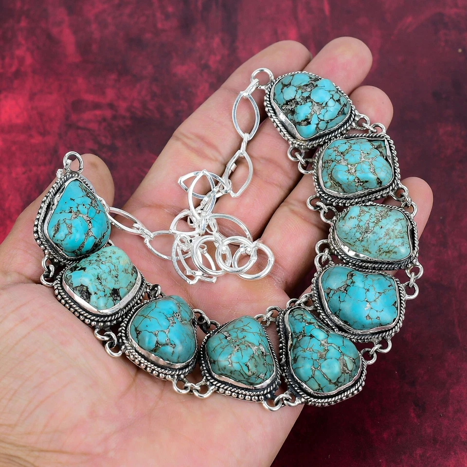 Turquoise Tumble Gemstone Handmade 925 Sterling Silver Jewelry Necklace For Gift - Image 2 of 4
