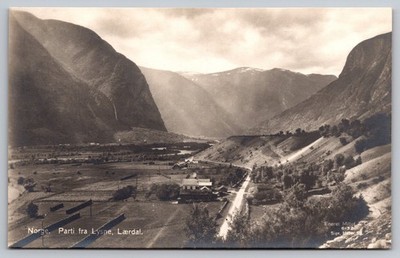 Vtg Lysne Lærdal Norway RPPC Postcard Mittet & Co. Valley Mountain View 1932