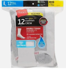 Hanes Mens Double Tough Crew Socks, 12-Pair Pack sz 6-12 shoe size NEW FAST SHIP
