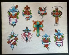 Tattoo Flash - 11 Original Vintage Color Sheets - Unknown Artist