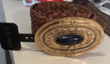 Brown Leather Belt 2" Wide Large Buckle w/ Dark Blue Stone 41  L NWT chicos