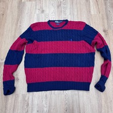 Vintage Polo Ralph Lauren Cotton Sweater Mens 2XL Cable Knit Striped Red Navy