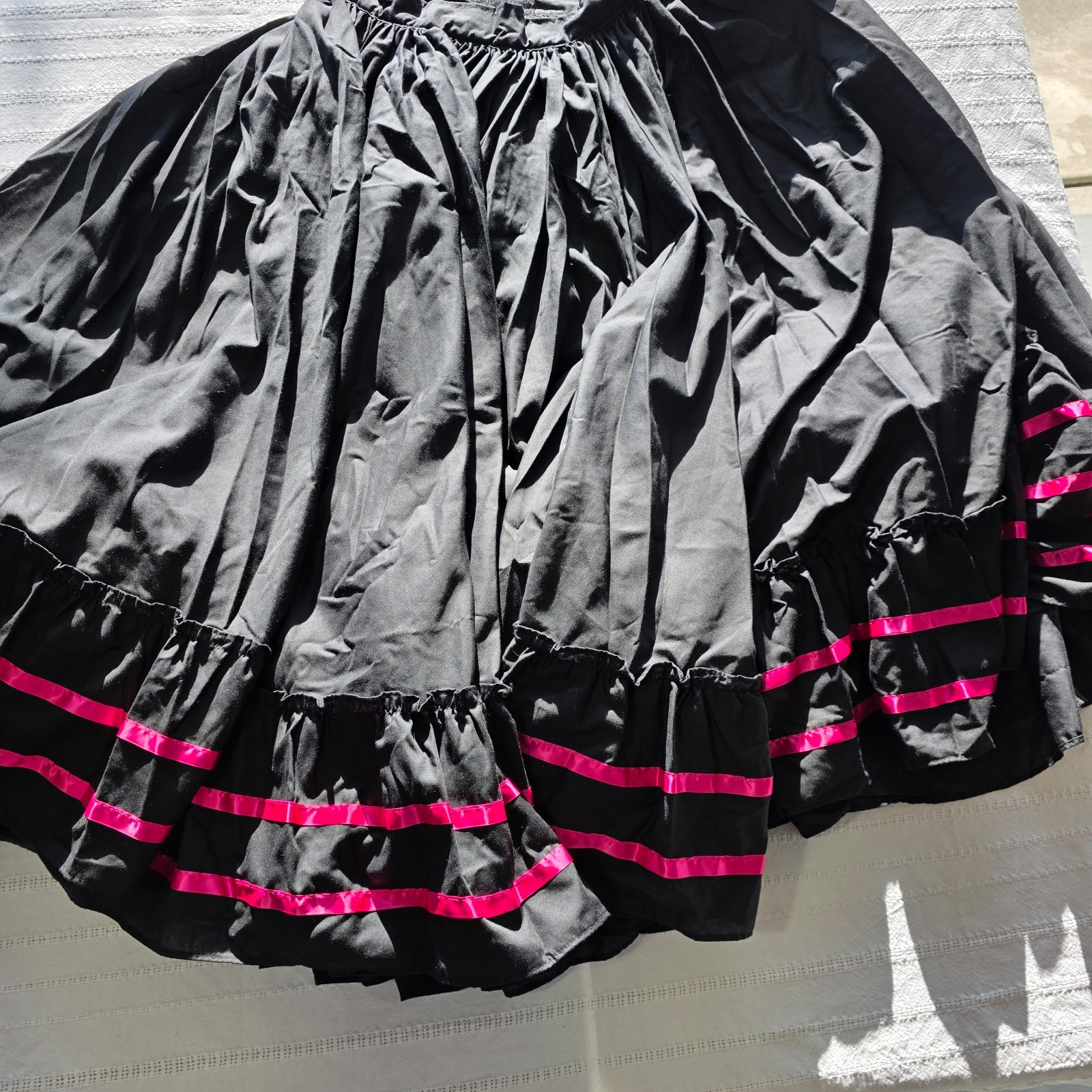 Handmade Black Satin Ruffle Tiered Maxi Skirt Hot Pink Ribbon Trim Women