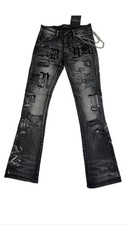 New! Distressed Stacked  Jeans BLK Washed Sta...