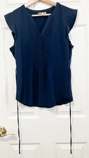 ModCloth  Blouse Womens Medium Blue Pleated Button Front Tie Back Sleeveless Top