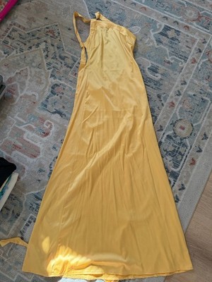 Yellow Satin Backless Tie Halter Maxi Dress Sleeveless Strappy Long L | eBay