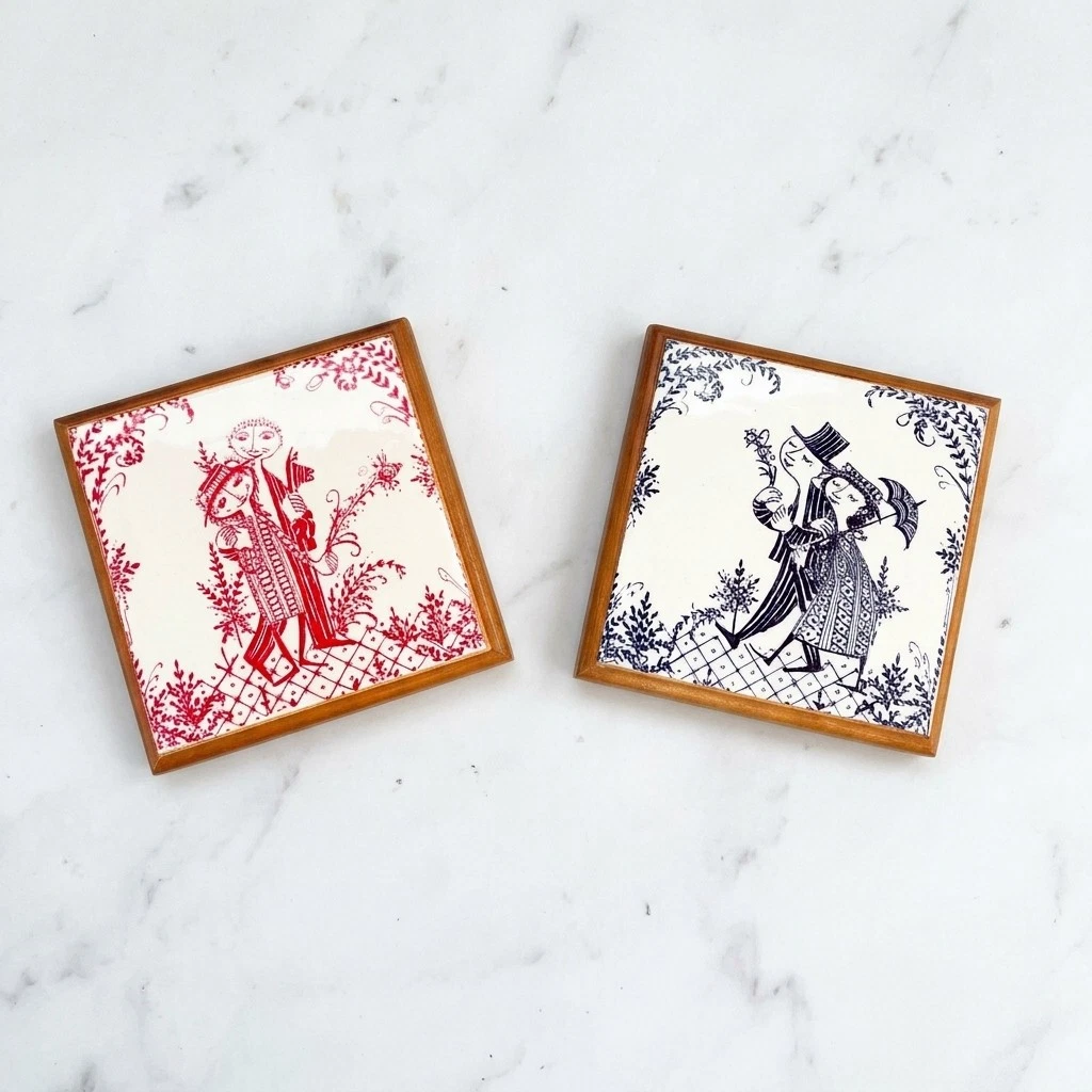 2 Vintage Bjorn Winblad Nymolle Denmark Ceramic & Wood Trivets – Rare! - product detail image 2