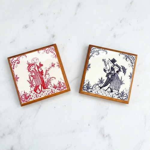 2 Vintage Bjorn Winblad Nymolle Denmark Ceramic & Wood Trivets – Rare! image 2