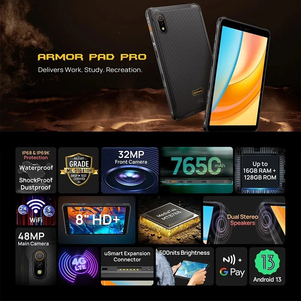 Ulefone Armor Pad Pro Robust Tablet 8 Zoll 7560mAh 16GB +128GB Android 13 4G Pad - Bild 3 von 4