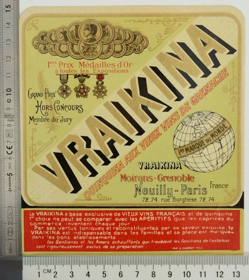 VRAIKINA QUINQUINA NEUILLY FRANCE GOLD MEDAL Unused 1940 Wine Original Old Label - Image 1 of 1