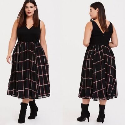 Torrid Midi Chiffon Plaid Skirt Mixed Media Skater Dress Black/Red Plus  Size 16 | eBay