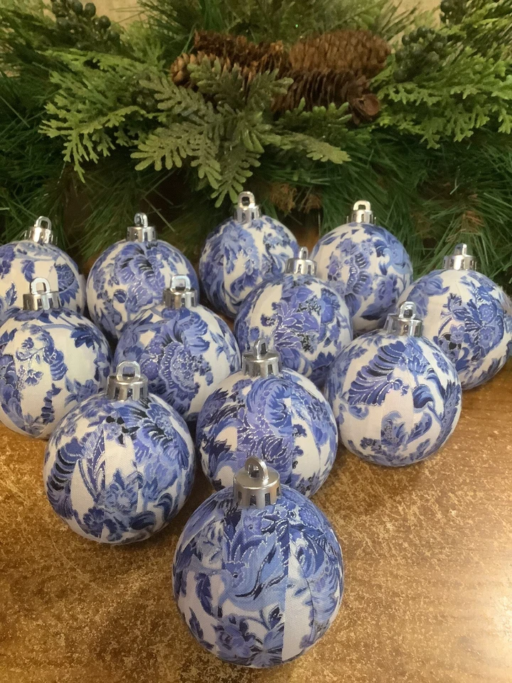 12 Blue/White/Silver Chinoiserie Inspired 2.5” Handmade Christmas Ornaments, New - Image 2 of 2