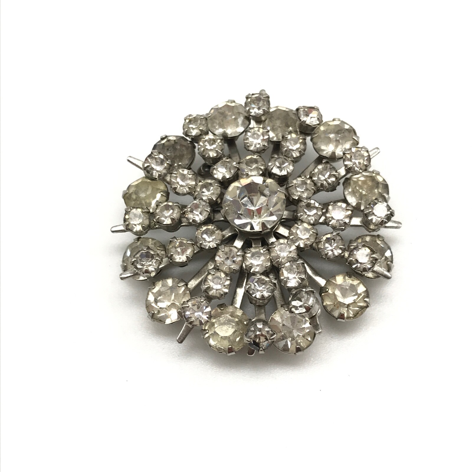Vintage Silver Tone Prong Set Clear Rhinestone Cluster Ladies Brooch Pin