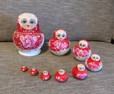 9 Pc Russian Matryoshka Nesting Doll Lady Hand Painted Red White Pink 5.5" Tall