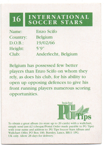 BROOKE BOND TEA CARD INTERNATIONAL SOCCER STARS 1998 NO. 16 ENZO SCIFO - Picture 2 of 2