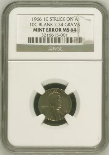 1966 NGC MS64 Lincoln Cent Struck on Roosevelt Dime  🔴 1C Struck on 10C Blank