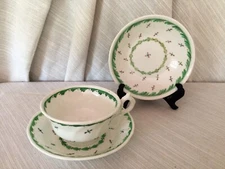 Antique Soft Paste Porcelain Sprig Ware (1) Tea Cup & (2) Saucers Handpainted