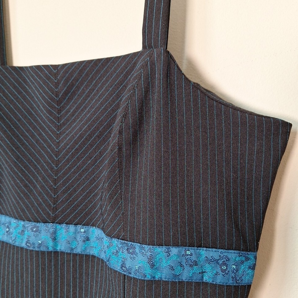 Vtg 90s Black Square Neck Empire Waist Mini Pinstripe Dress Juniors