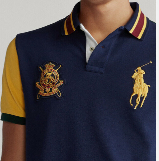 Polo Ralph Lauren Custom Slim Fit Big Pony Navy Gold Crest Block Mesh Polo Shirt thumbnail 3
