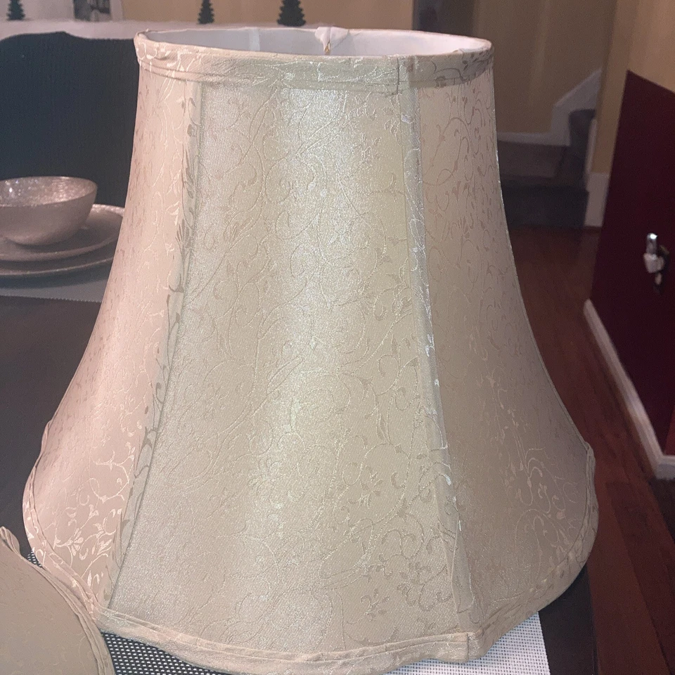 Two Lined Bell Lamp Shade Spider Assembly apprx 11x8x16 Textured Leather Look - Image 2 of 4