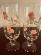 Set Of 2 BLOCK BASICS Hand Painted Roses Tea Water Glass Set  8”H Brautiful