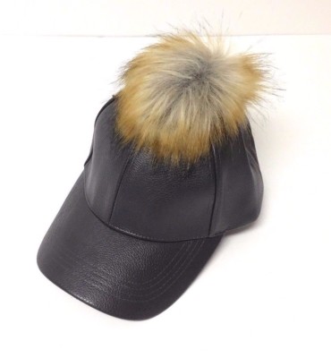 NEW Men Women PU Faux Leather W/ Faux Fur Pom Baseball Cap