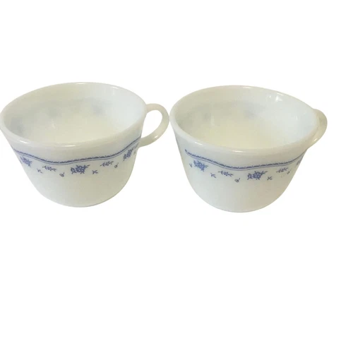 VTG Pyrex Morning Blue Mugs Set of 2 White Milk Glass Floral USA Cups