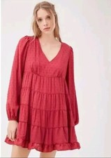 Urban Outfitters Textured Long Sleeve Frock Dress Size Small, Swiss Dots, V Neck