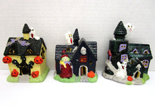 Set of 3 Miniature Ceramic Halloween Village Haunted Houses with Ghosts