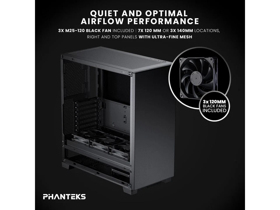 Phanteks XT Pro Silent, Mid-Tower Gaming Chassis, 3x M25-120 Black Fans - Image 2 of 4