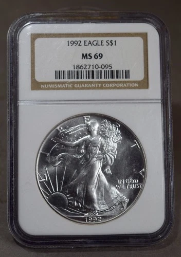1992 AMERICAN EAGLE SILVER DOLLAR COIN NGC GRADED MS 69 ONE OZ. FINE WALKING LIB