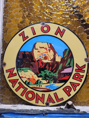 VINTAGE NATIONAL PARK PORCELAIN SIGN OLD ZION UTAH RANGER HIKING CAMP CABIN HIKE