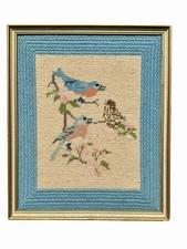 Vintage Framed Bluebird Needlepoint Art on Flowering Branch - Hand-Stitched 
