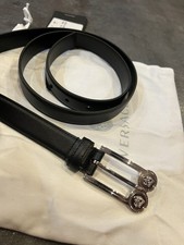 Versace Silver Double Medusa Logo Coin Black Leather Belt Sz 70 US 28 550