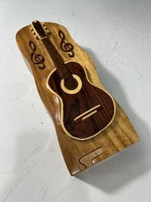 Intricate Carved Exotic Hardwood Guitar Puzzle Jewelry Trinket Box