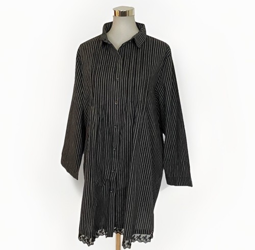 New! Buykud Size 2XL Tunic Shirt Black White Striped Cotton Long Sleeves