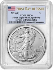 2025 (P) $1 American Silver Eagle First Eagle Privy PCGS MS70 - FDOI Flag Label