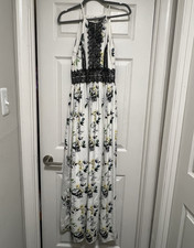 Tahari ASL Floral Lace Halter Maxi Dress White Black Trim Sleeveless Size 8
