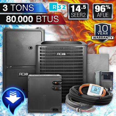 ACiQ Downflow 3 Ton AC & 80K BTU 96% AFUE Gas Furnace System, 14.5 SEER2 R32