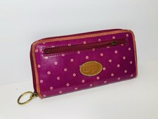 Fossil Wallet Magenta Coated Canvas Leather Trim Zip Around Credit Card EUC